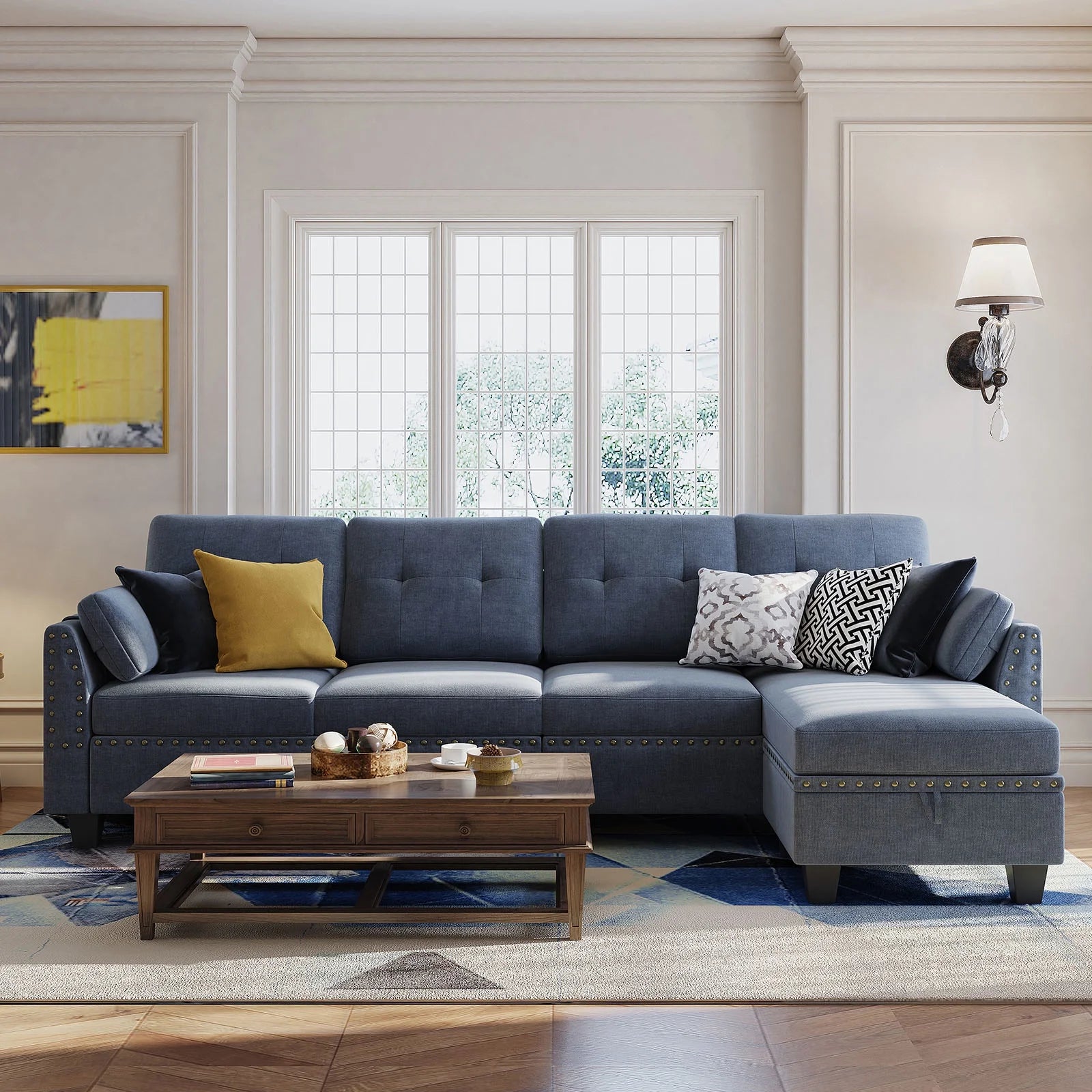 Convertible Sectional Sofa Couch L-Shape Couch with Reversible Chaise 4 Seat Sofa for Apartment Bluish Grey