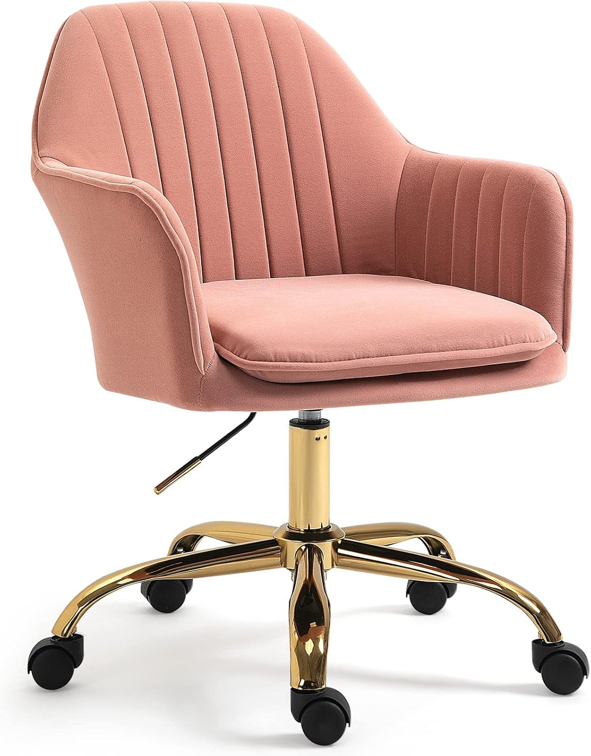 Pink Chair Cute Office Chair, Mid-Back Vanity Chair Adjustable Task Office Chair 360°Swivel Roller Chair with Arms and Gold Metal Base for Home Office, Vanity Room, Bedroom