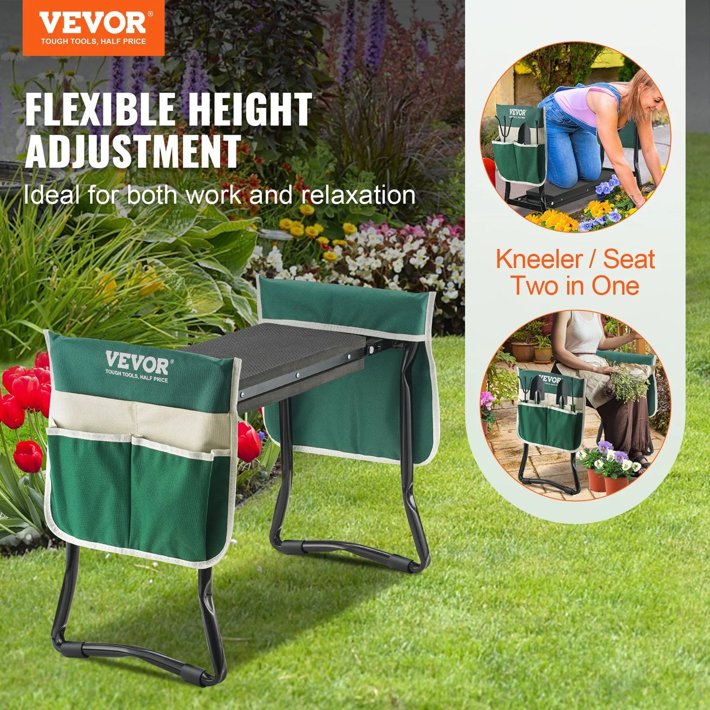 VEVOR Garden Kneeler and Seat, 330 Lbs Load Capacity, 8" EVA Wide Pad, Foldable Garden Stool, Kneeling Bench for Gardening with Tool Bag, Gifts for Women, Grandparents, Seniors, Mom and Dad