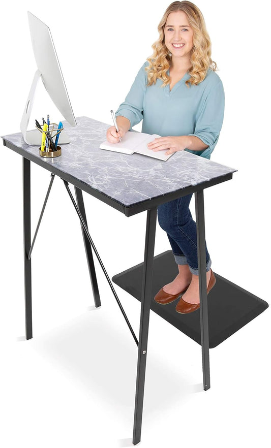 Joy Desk | Compact Multifunctional Standing Table for Home & Office | Modern Glass Top with Stylish Marble Design | Space-Saving Standing Desk for Small Workspaces (Marble / 32In X 41In)