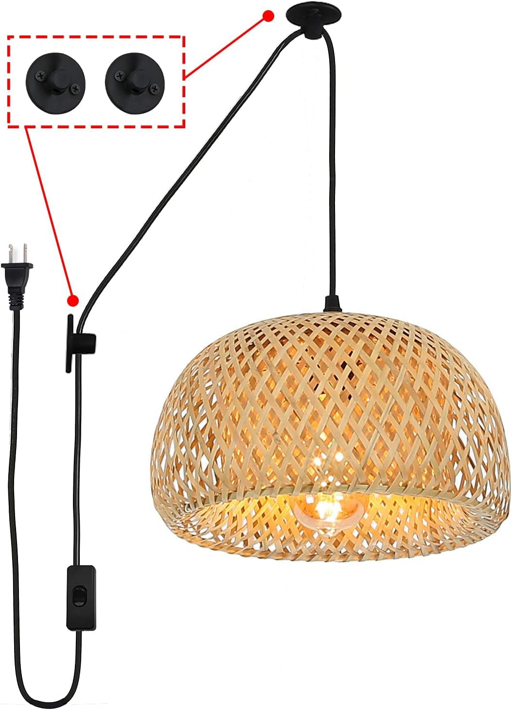 Bamboo Pendant Light - Modern Plug in Cord Rustic Woven Rattan Lampshade Basket Chandelier, Adjustable Wicker Ceiling Hanging Wall Light Fixture for Kitchen Island Bar Cafe Restaurant