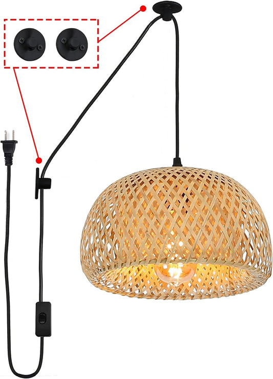 Bamboo Pendant Light - Modern Plug in Cord Rustic Woven Rattan Lampshade Basket Chandelier, Adjustable Wicker Ceiling Hanging Wall Light Fixture for Kitchen Island Bar Cafe Restaurant