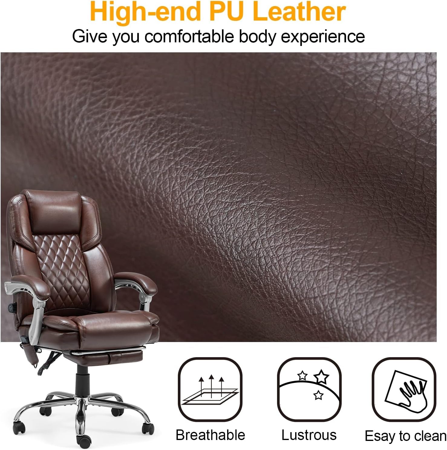 2-Point Massage Office Chair with Lumbar Support, Heated Executive Office Chair with Reclining Backrest, Computer Gaming Chair for Home Office, Brown