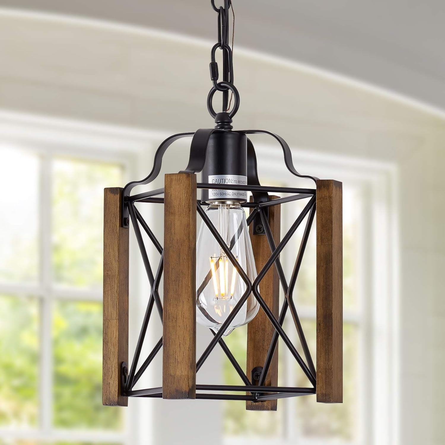 Farmhouse Wood Pendant Light, Rustic Chandelier Light Fixture Adjust Height Vintage Hanging Light Fixtures for Kitchen Island Dining Room Bedroom Foyer Entryway Hallway