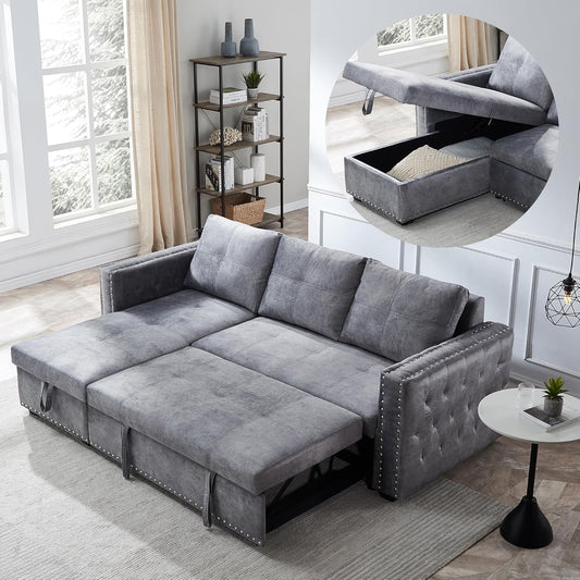 Sectional Sleeper Sofa with Pull Out Bed Storage, Queen Size 91 Inches Sofa Bed, L-Shape Sectional Couch with Comfy Chaise Seat Sectional Sleeper Couch for Living Room, Velvet Grey