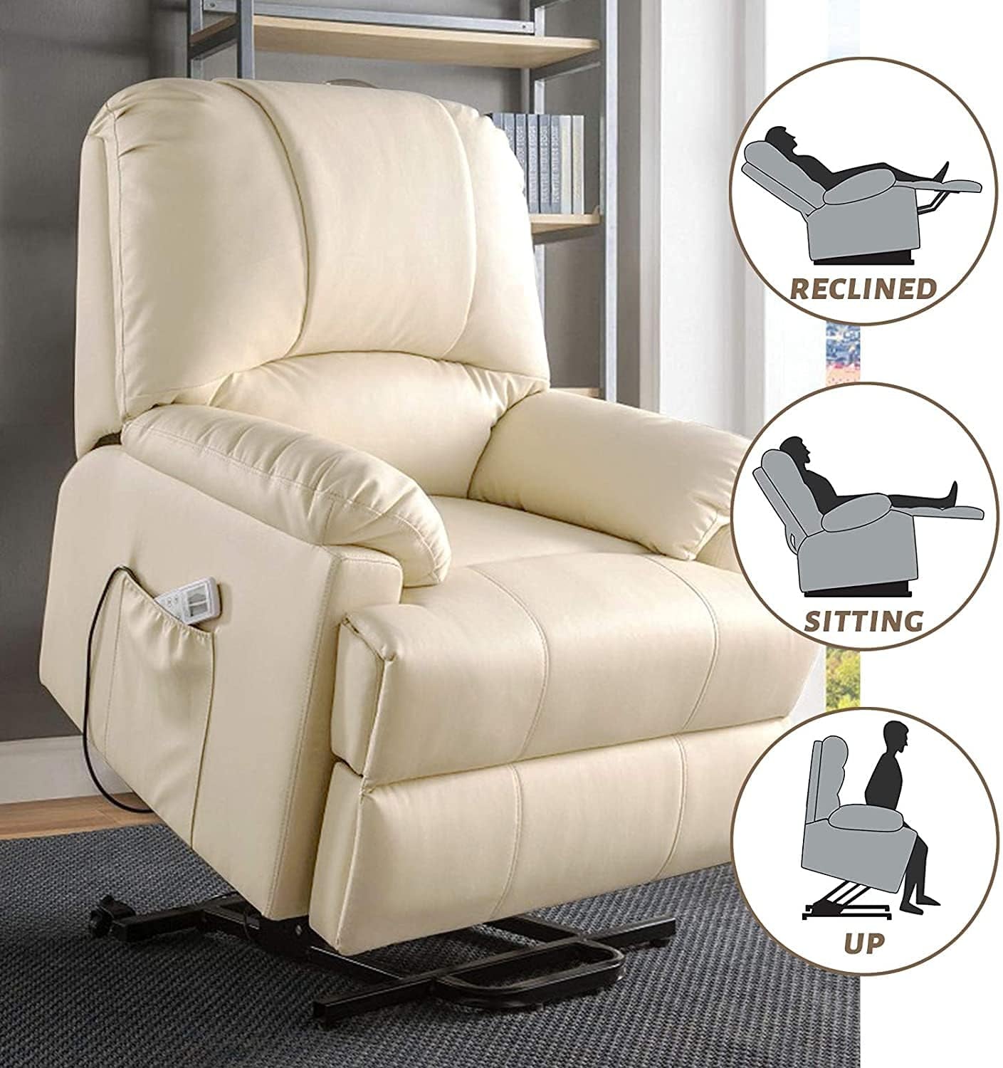 Power Lift Chair, Electric Recliner Lift Chair with Heat and Massage for Elderly Pregnancy, Breath Leather Ergonomic Reclining Sofa Chair up to 330 LB with Side Pocket and Remote Controls (Beige)