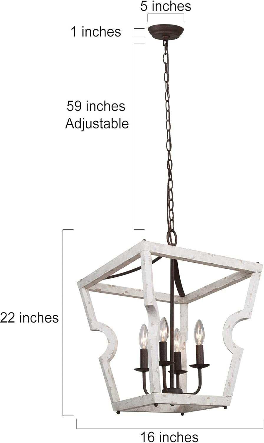 Farmhouse Chandelier, 4-Light Foyer Lighting, Wood Chandelier for Dining Room, Entryway, Weathered White Wood