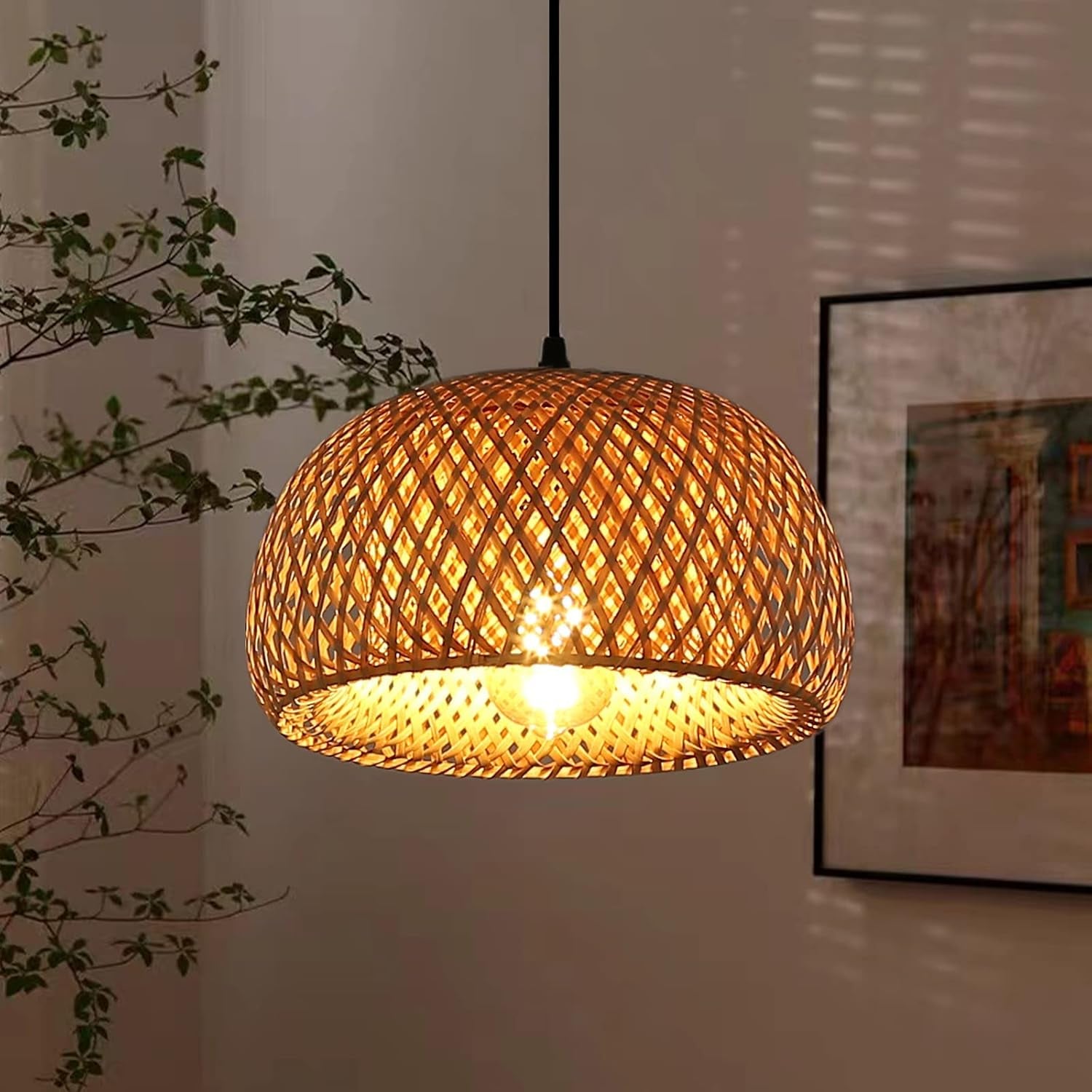 Bamboo Pendant Light - Modern Plug in Cord Rustic Woven Rattan Lampshade Basket Chandelier, Adjustable Wicker Ceiling Hanging Wall Light Fixture for Kitchen Island Bar Cafe Restaurant