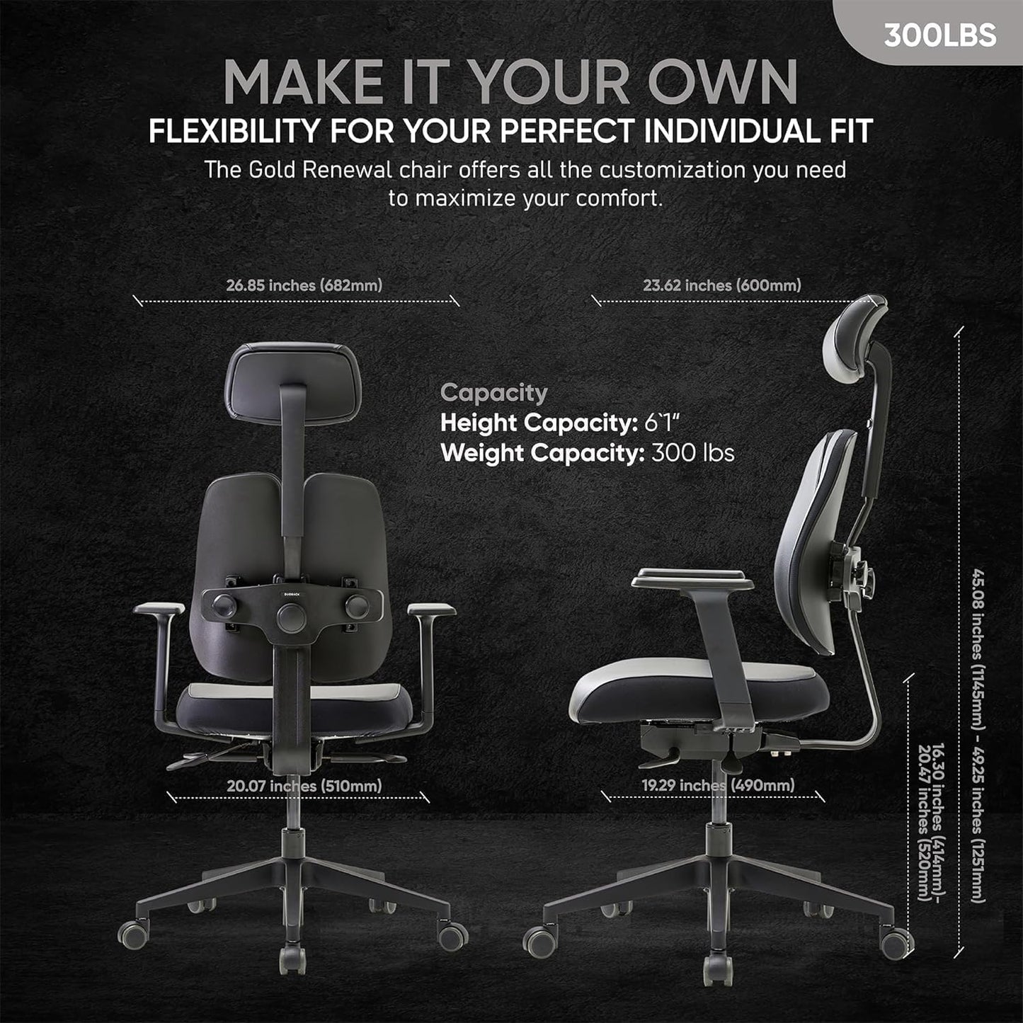 Gold Ergonomic Office Chair with Twin Backrests,  System for Proper Posture and Pressure Distribution, Height Adjustable Headrest Armrest, Tension Tilt [Synthetic Leather/Black]