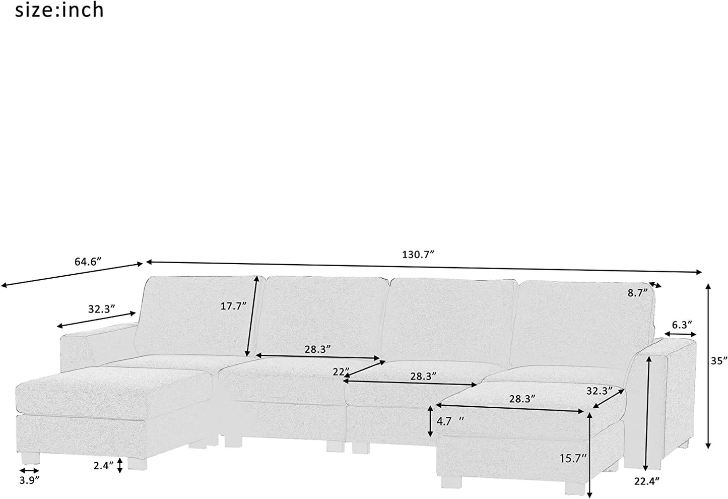 131" Modern Large Sectional Sofa,U Shape Upholstered Couch,Modular Sectional Sofa with 2 Removable Ottomans,Thickened Cushion Back & Wide Square Arms,4 Seat Sofa for Living Room (Gray)