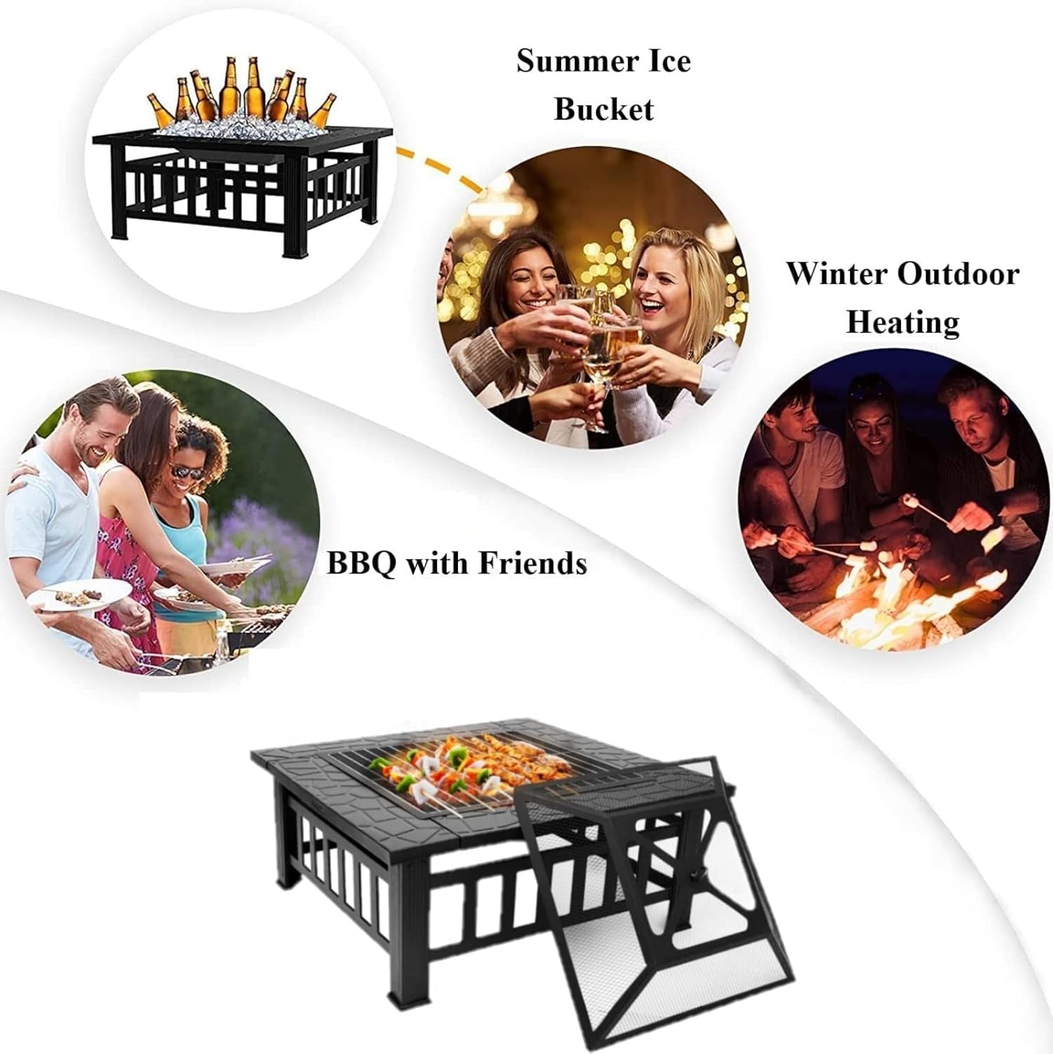 Fire Pit Outdoor Fire Pits with Heat-Resistant Coating Iron Tabletop Outdoor Wood Burning with Spark Screen Cover and Poker