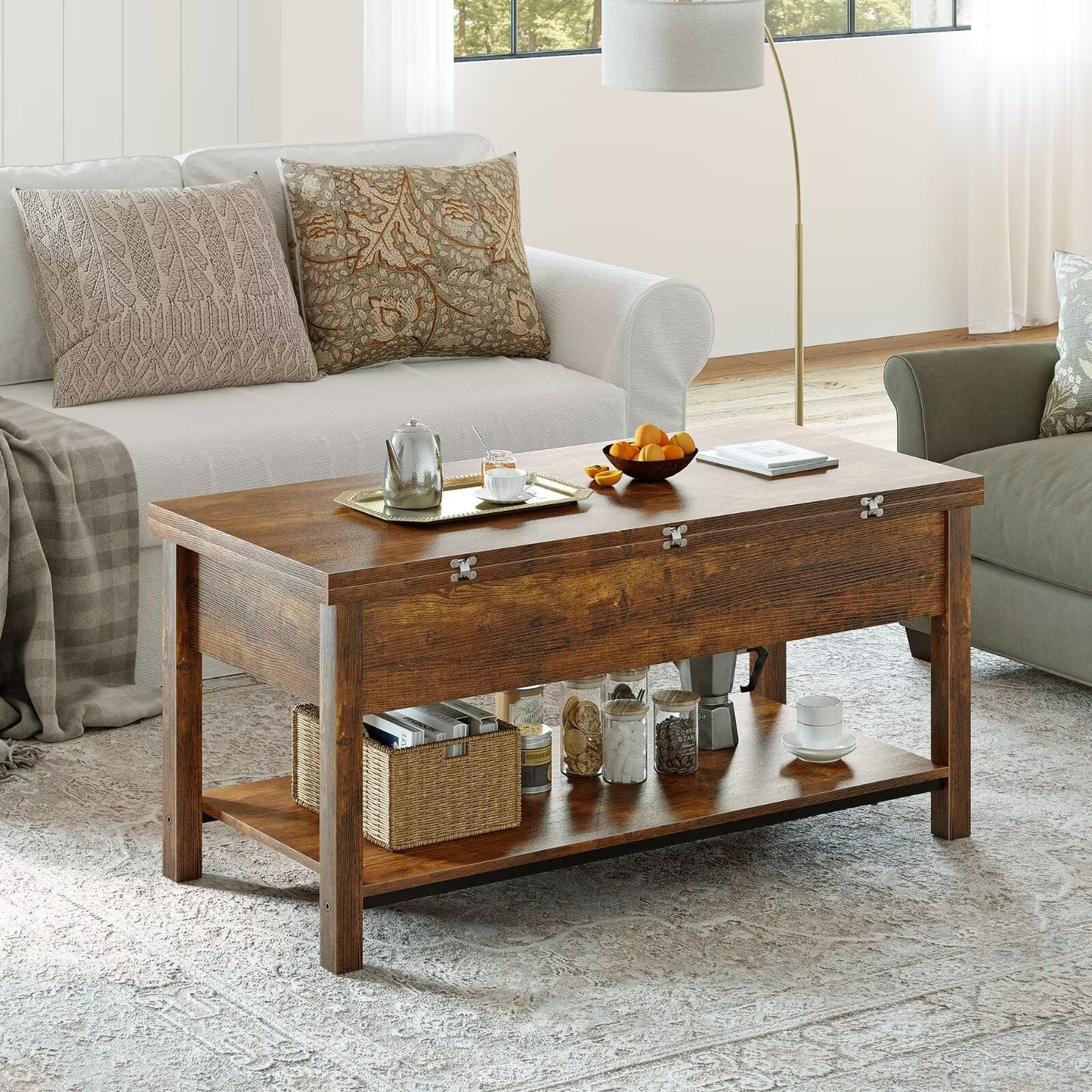 41.73"Lift Top Coffee Table 4 in 1 Multi-Function Convertible Coffee Table with Hidden Storage Framhouse Coffee Table for Living Room Rustic Brown