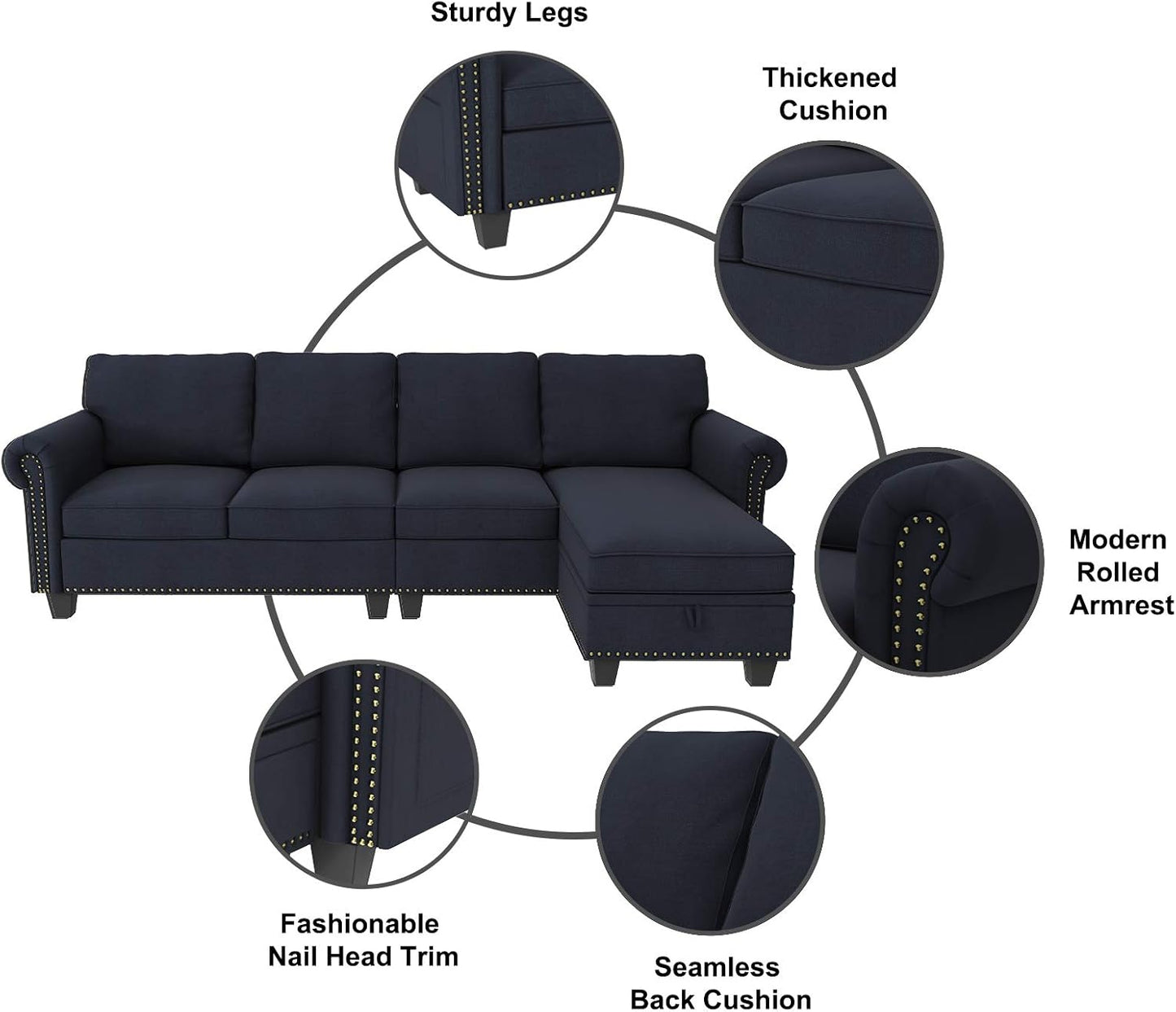 Convertible Sectional Sofa L Shape Couch with 4 Seat Reversible Chaise for Small Apartment, Bluish Grey