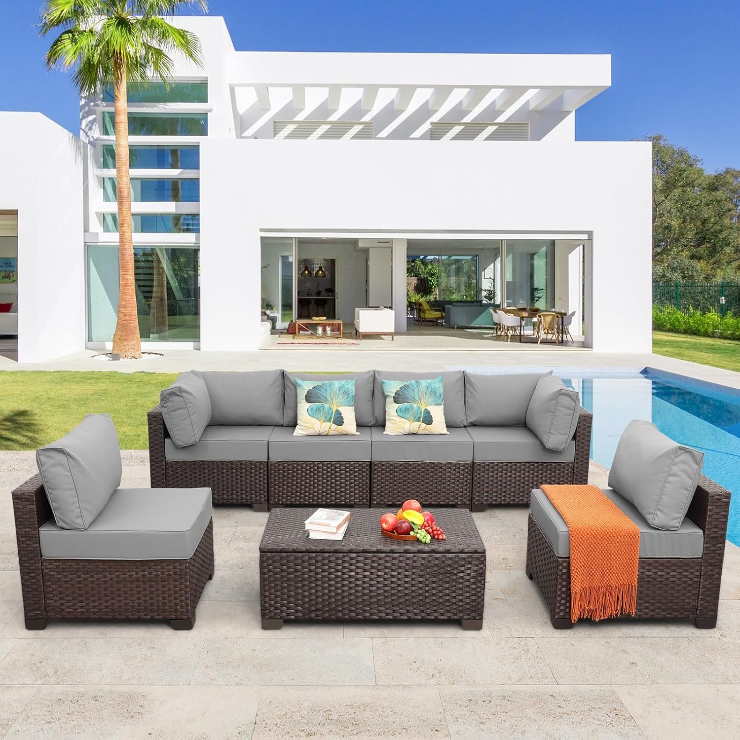 7 Pieces Outdoor Wicker Furniture Conversation Set Patio Furniture Sectional Sofa Couch Storage Table with Thicken(5") Non-Slip Cushions Waterproof Cover, Light Grey