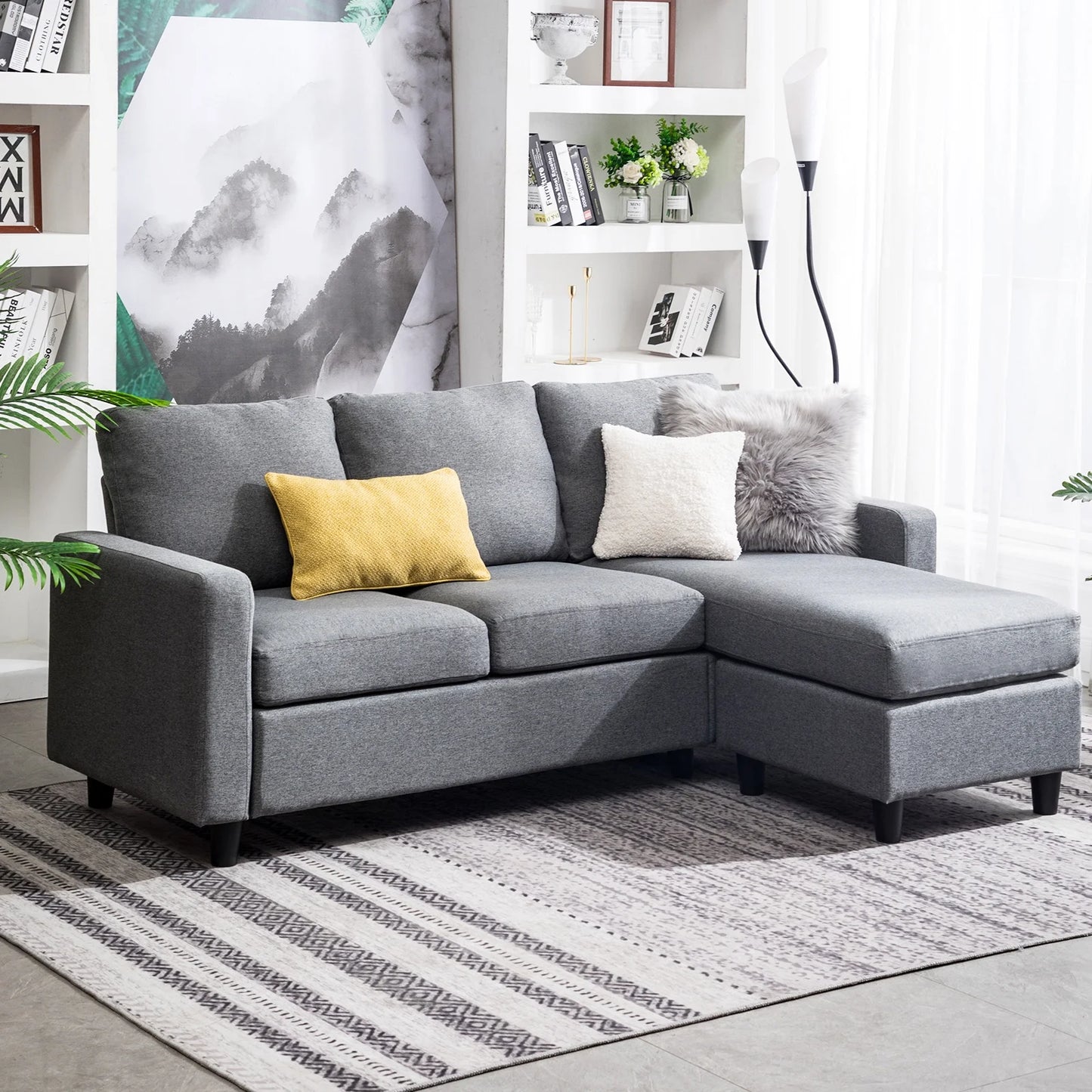 L Shaped Sofa Sectional Couch with Movable Ottoman for Living Room Furniture Set, Gray