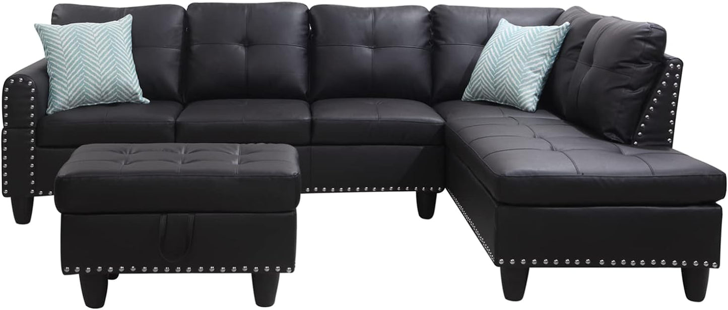 Sectional Sofa with Chaise Lounge and Ottoman Living Room Leather Sectional Set 6 Seater Corner L Shaped Couch Sofa with Cupholder, Right Facing Couch