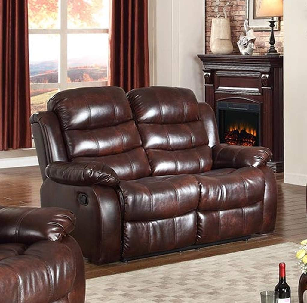 Motion Sofa and Loveseat, 2Pc Living Room Pu Leather Pillow Top Backrest and Armrests Couch Set, (Sofa and Loveseat, Brown)