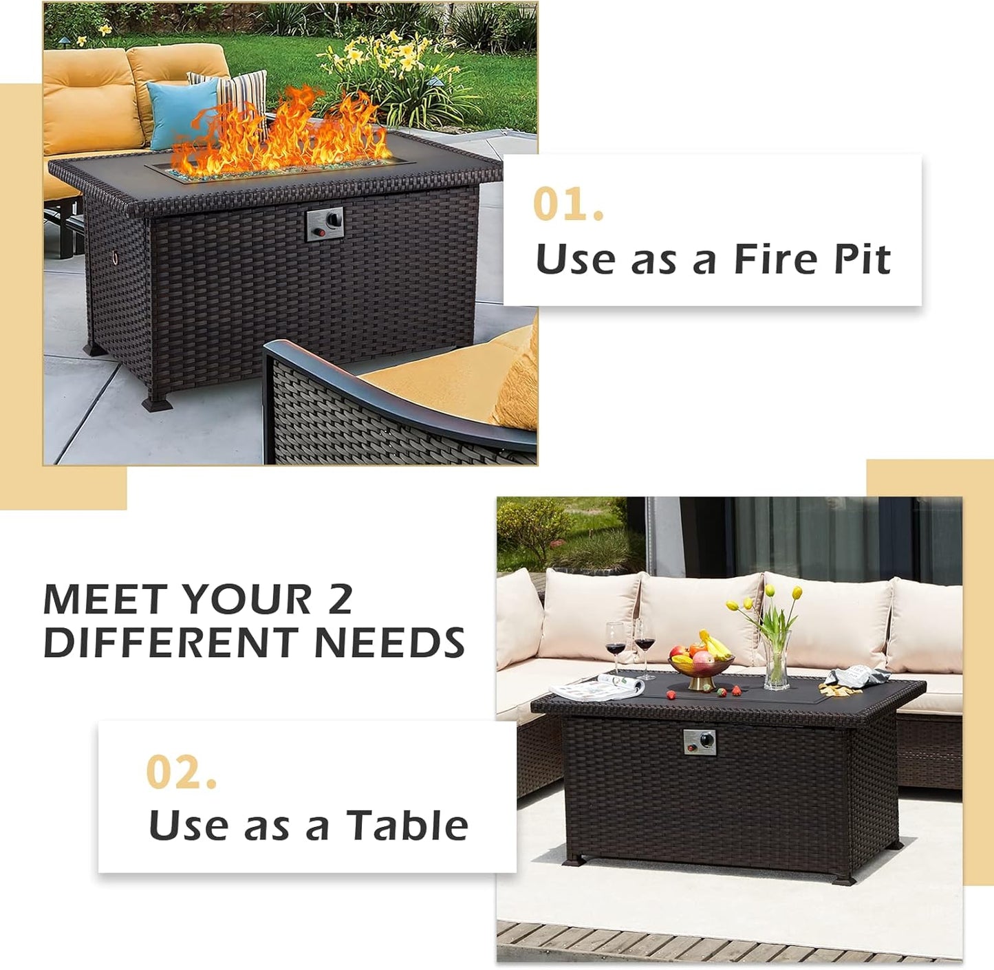 50 Inch Propane Fire Pit Table, 50,000 BTU Gas Fire Table for Garden Patio Courtyard Party Outside, Wicker&Rattan, CSA Certification (Black)