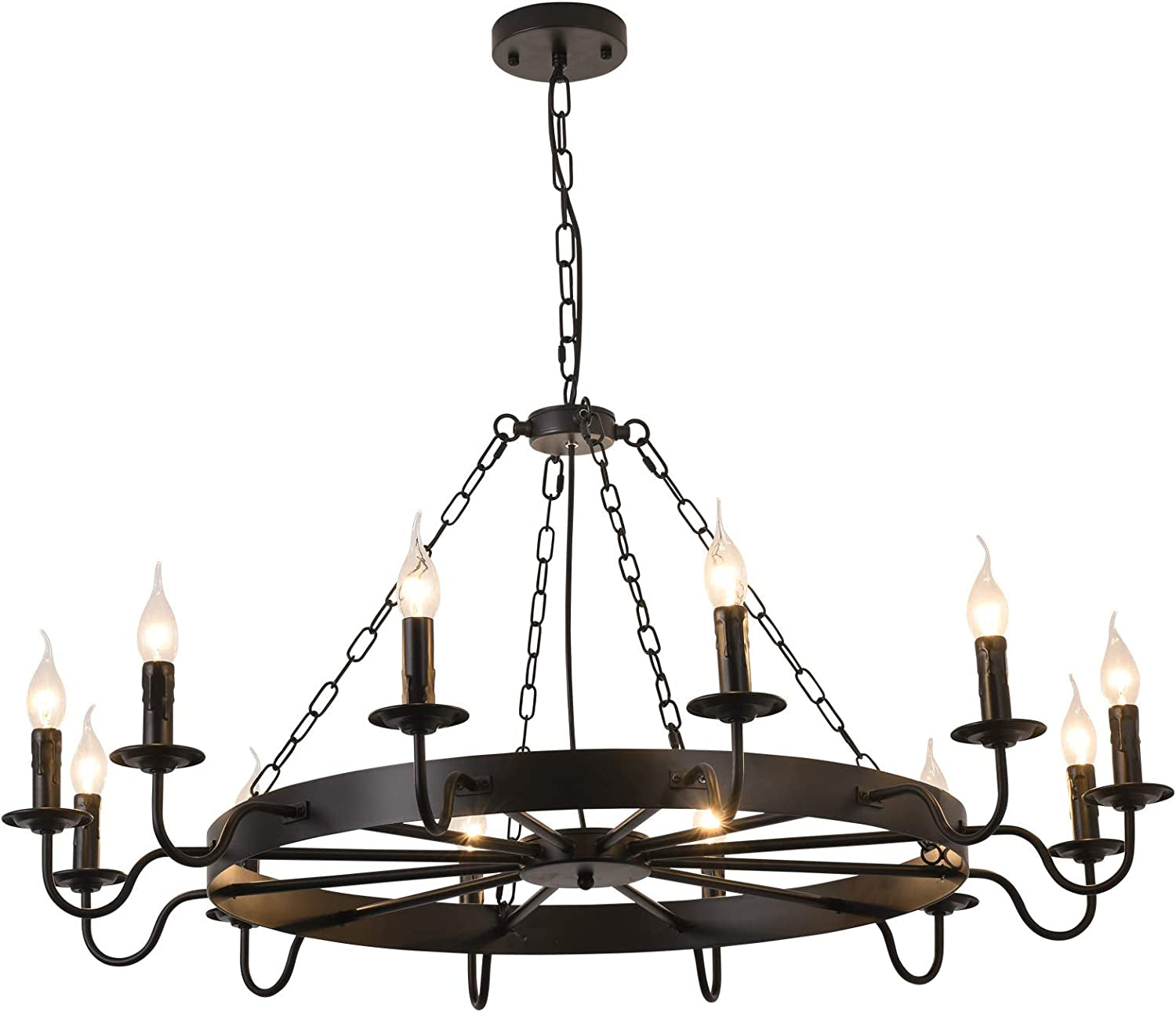 Black Industrial Wheel Chandelier Lighting Fixture, Rustic Farmhouse Pendant Lights for Kitchen, round Candle Style Hanging Light, 12-Lights E12, Adjustable Height