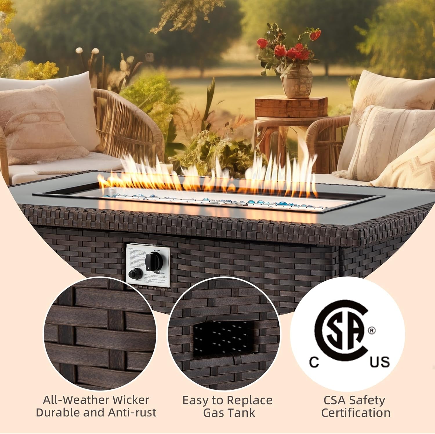 Fire Pit Table,Propane Fire Pits for Outside,44In 50,000 BTU Auto-Ignition Gas Fire Table W/Csa Certification,Outdoor Fire Pit for Garden Patio (Brown…