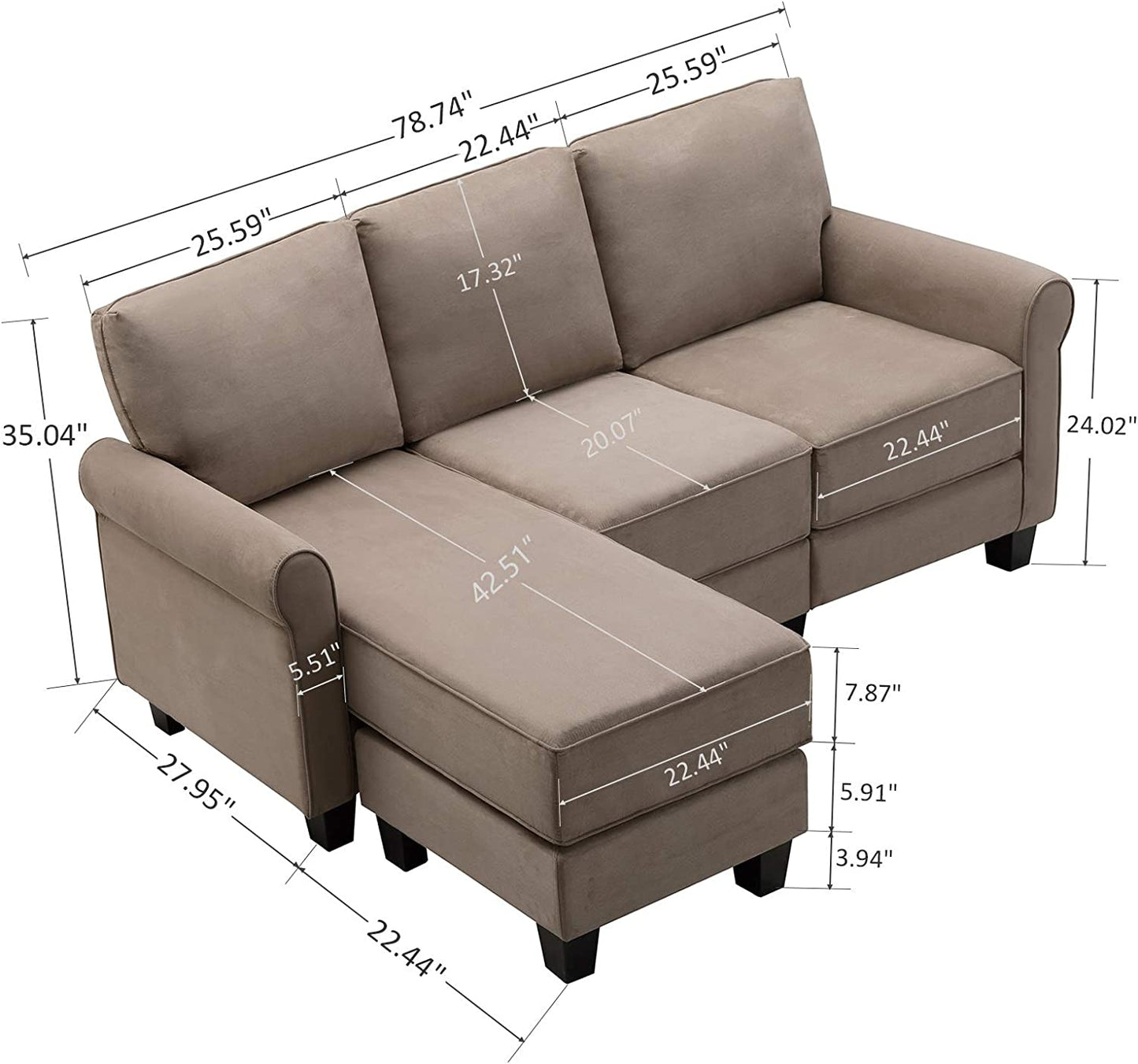 Reversible Sectional Sofa Couch for Small Apartment L Shape Sofa Couch 3-Seat Sectional Corner Couch (Dark Khaki)