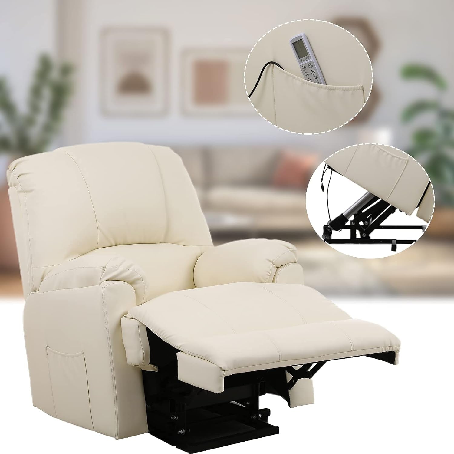 Power Lift Chair, Electric Recliner Lift Chair with Heat and Massage for Elderly Pregnancy, Breath Leather Ergonomic Reclining Sofa Chair up to 330 LB with Side Pocket and Remote Controls (Beige)