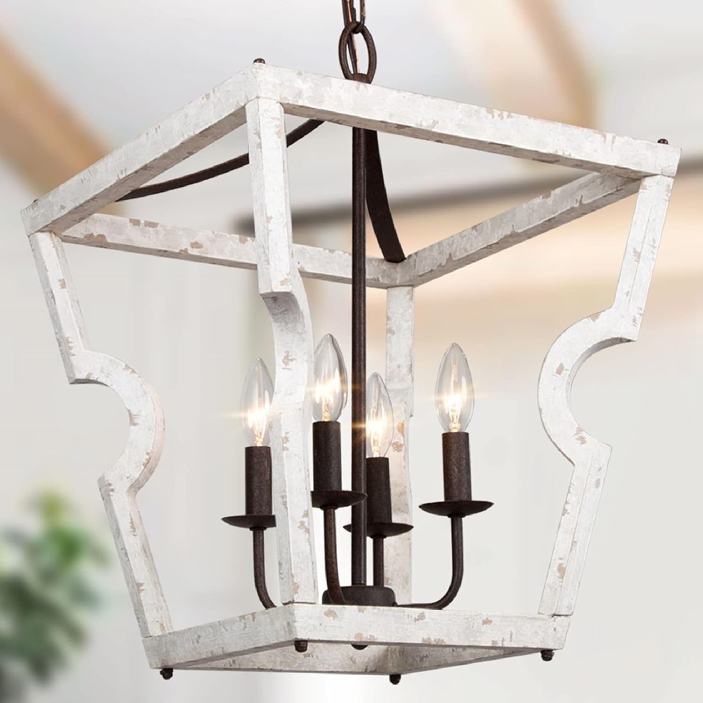 Farmhouse Chandelier, 4-Light Foyer Lighting, Wood Chandelier for Dining Room, Entryway, Weathered White Wood