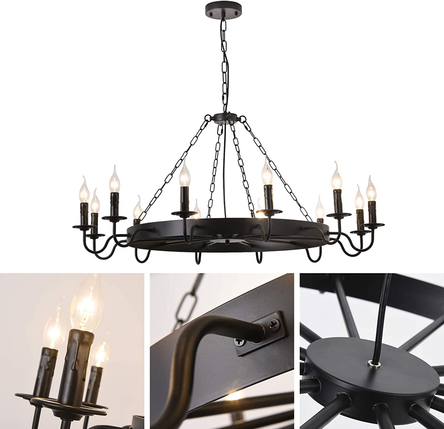 Black Industrial Wheel Chandelier Lighting Fixture, Rustic Farmhouse Pendant Lights for Kitchen, round Candle Style Hanging Light, 12-Lights E12, Adjustable Height