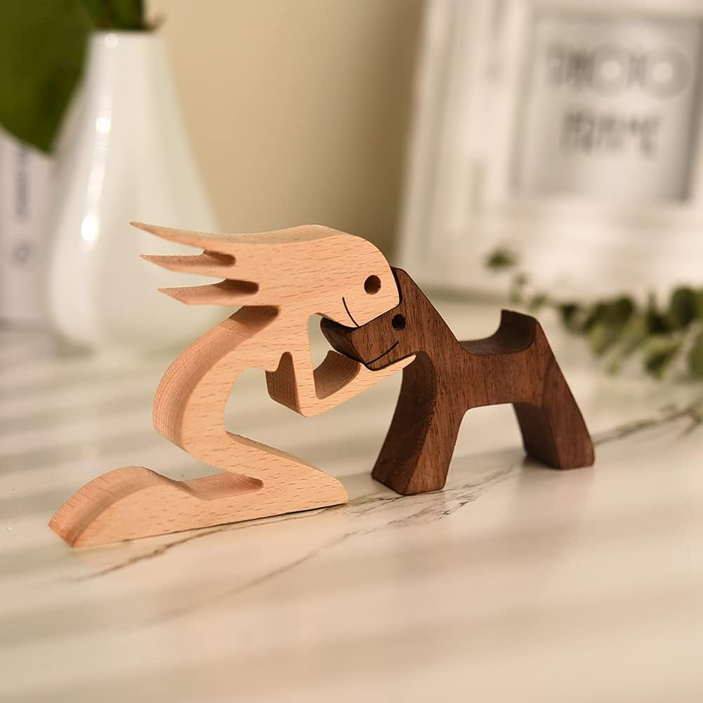 Wooden Dog Cat Family Statue, Handmade Wood Decoration, Cute Puppy, Kitty and People Sculpture Ornament Collectible Figurine Craft Arts for Home Office Living Room (Women+Puppy（L）)