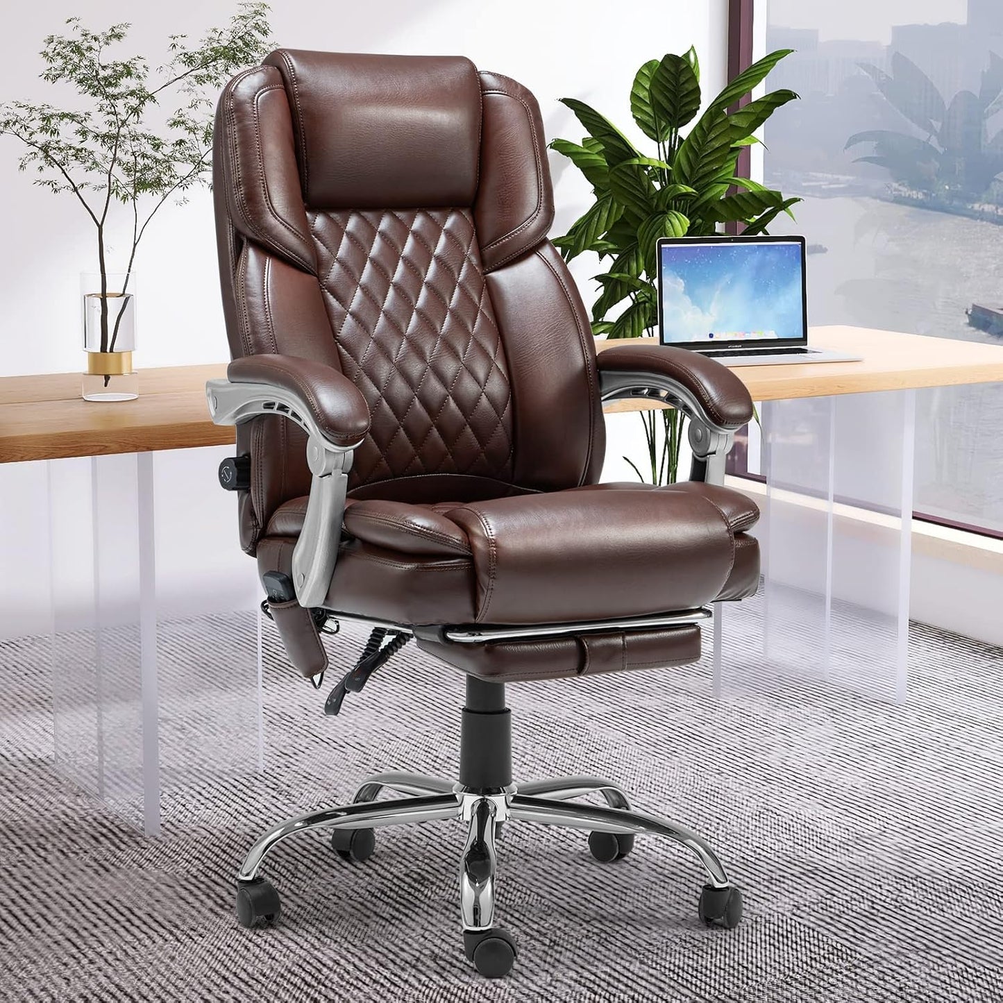 2-Point Massage Office Chair with Lumbar Support, Heated Executive Office Chair with Reclining Backrest, Computer Gaming Chair for Home Office, Brown