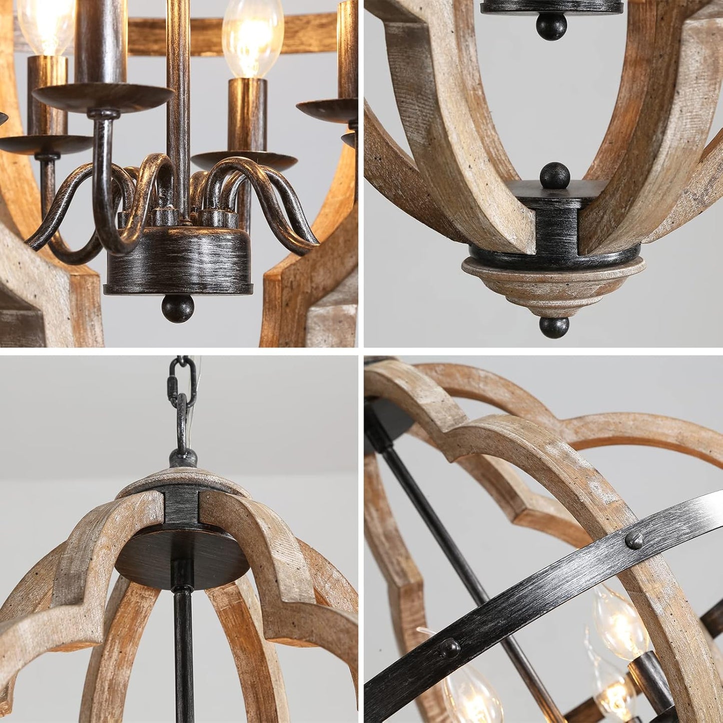 27" Large Farmhouse Wood Chandelier, 6-Light Rustic Orb Dining Room Light Fixtures over Table, Black Modern French Country Pendant Light Ceiling Hanging Lighting for Kitchen Foyer Living Room Entryway