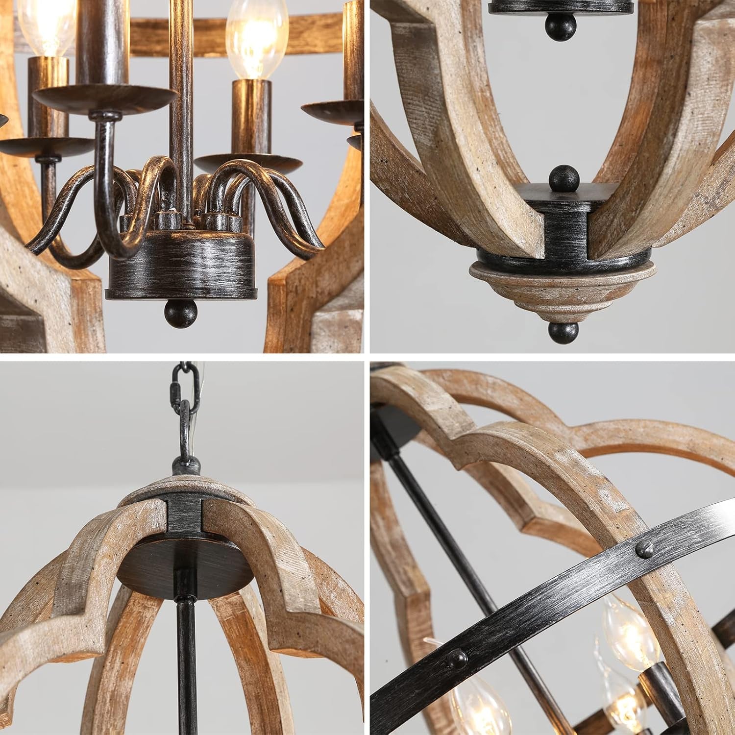 27" Large Farmhouse Wood Chandelier, 6-Light Rustic Orb Dining Room Light Fixtures over Table, Black Modern French Country Pendant Light Ceiling Hanging Lighting for Kitchen Foyer Living Room Entryway