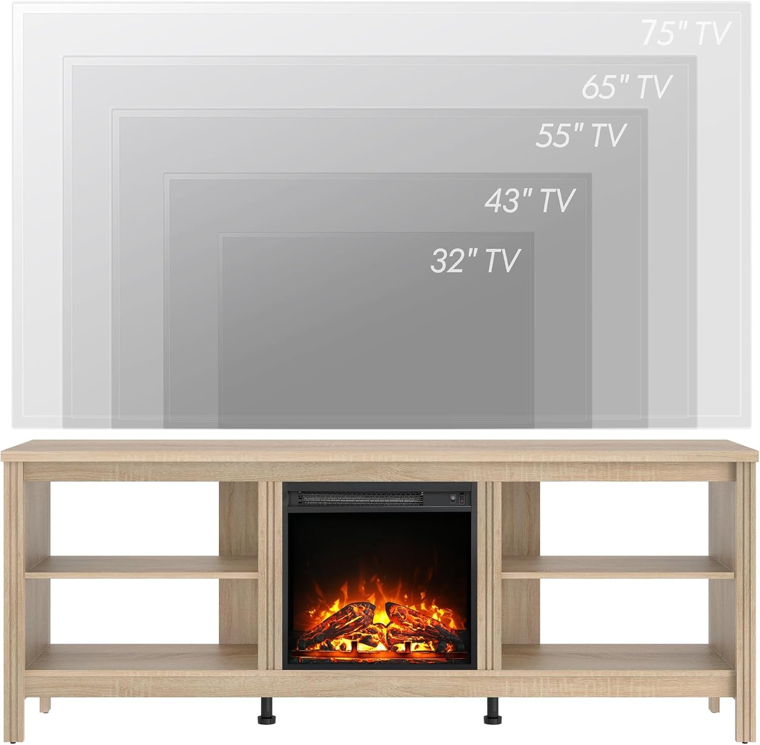 Fireplace TV Stand for 75 Inch TV Entertainment Center, Farmhouse Electric Fire Place Wood TV Console Table Cabinet with 4 Storages for Living Room Bedroom, 70'' Oak