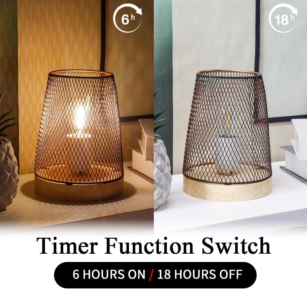 Set of 2 Metal Mesh Table Lamp LED Cordless Lamp Battery Powered with 6-Hours Timer Feature Modern Battery Lamp 7''H with Edison Bulb for Indoor Garden Party Balcony(With Wooden Base)