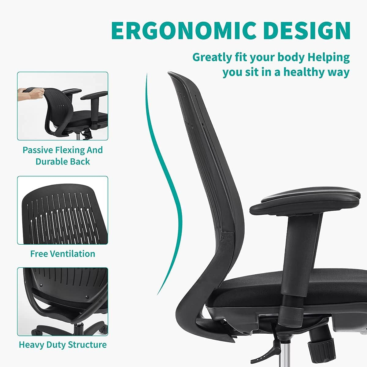 Home Office Chair, Ergonomic Mid Back Chair with Adjust Up-Down Armrest & Back Support, Computer Task Study Chair with Removable Backrest Cover, Tilt Function and Adjustable Height, Black