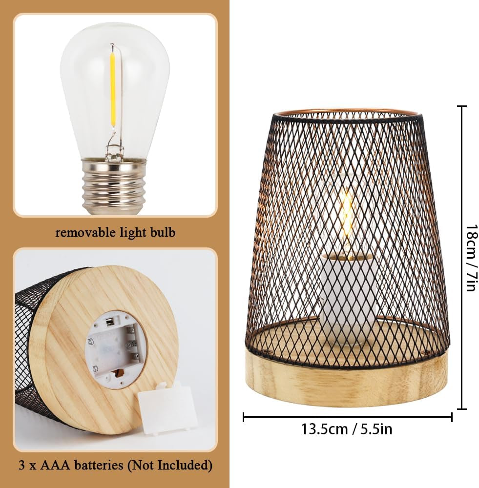 Set of 2 Metal Mesh Table Lamp LED Cordless Lamp Battery Powered with 6-Hours Timer Feature Modern Battery Lamp 7''H with Edison Bulb for Indoor Garden Party Balcony(With Wooden Base)