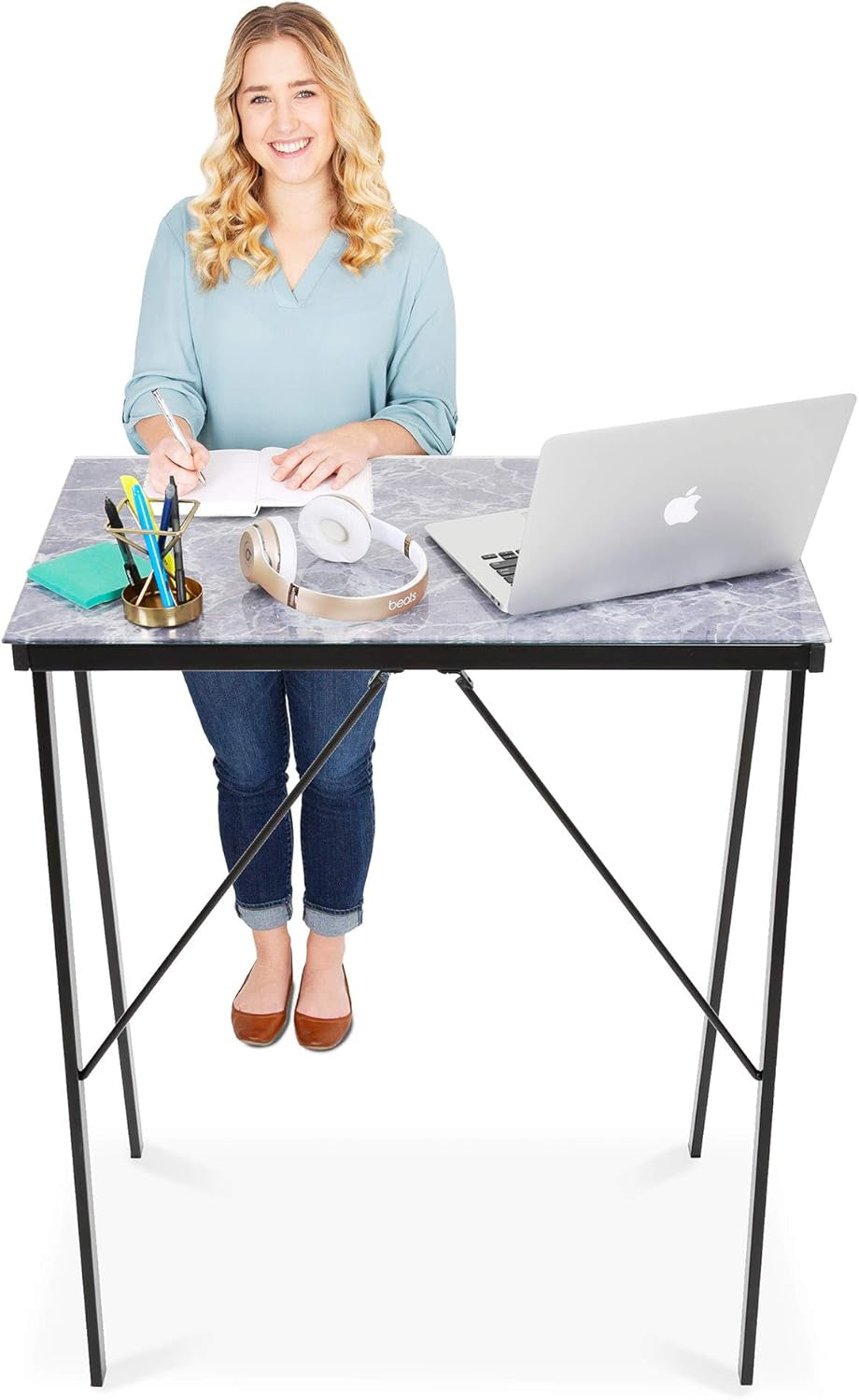 Joy Desk | Compact Multifunctional Standing Table for Home & Office | Modern Glass Top with Stylish Marble Design | Space-Saving Standing Desk for Small Workspaces (Marble / 32In X 41In)