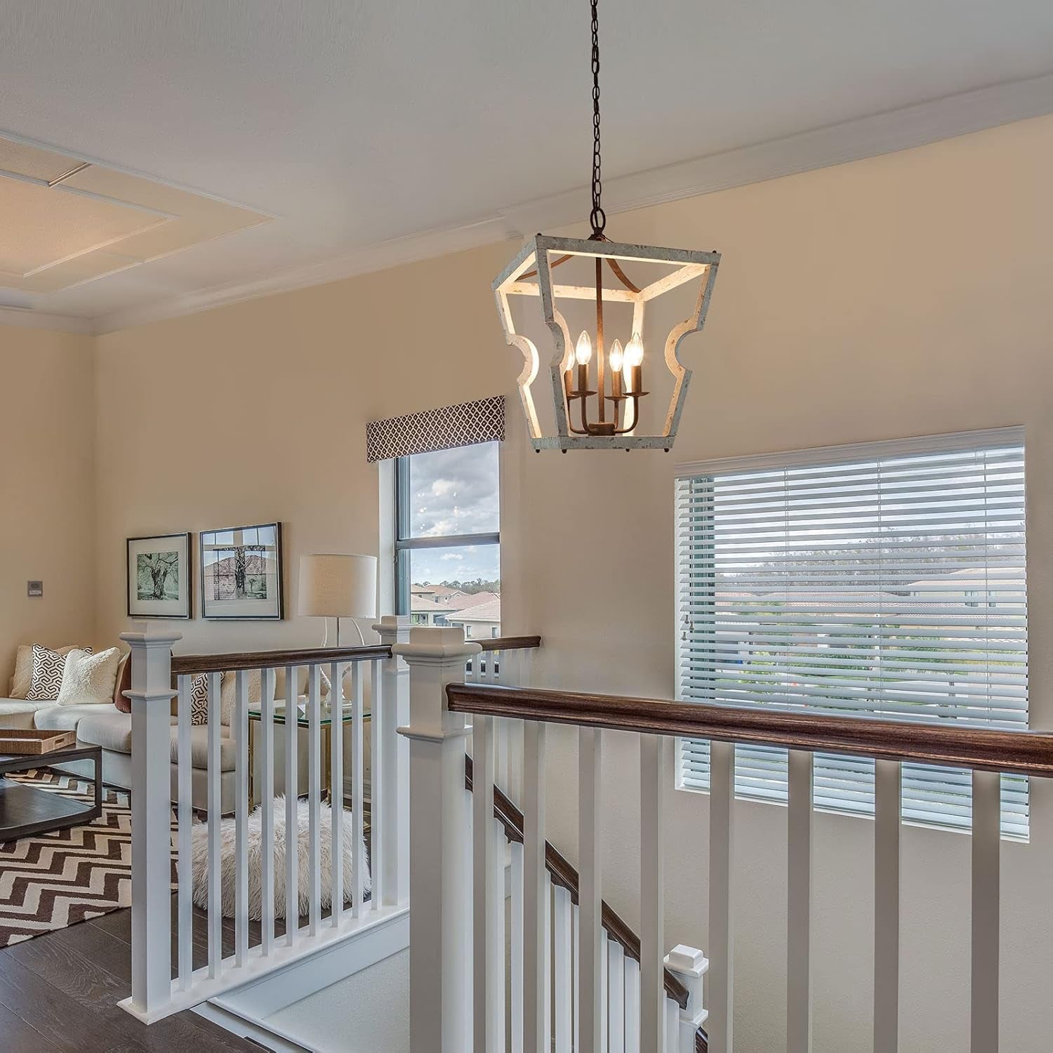 Farmhouse Chandelier, 4-Light Foyer Lighting, Wood Chandelier for Dining Room, Entryway, Weathered White Wood